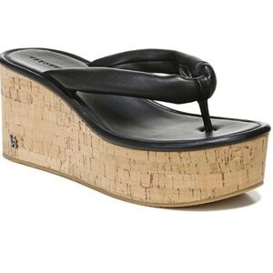 Veronica Beard Black Geno Cork Wedge Platform Thong Sandals Leather size 9